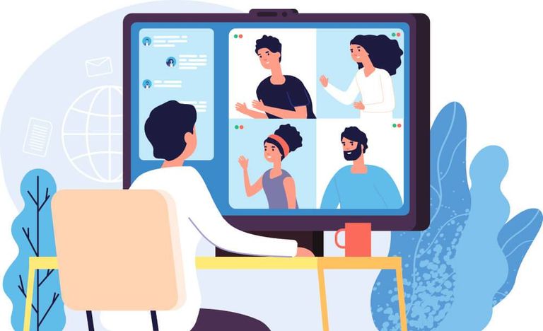 Illustration of remote worker video chatting with four others. Rewire PBS Work Working Remotely