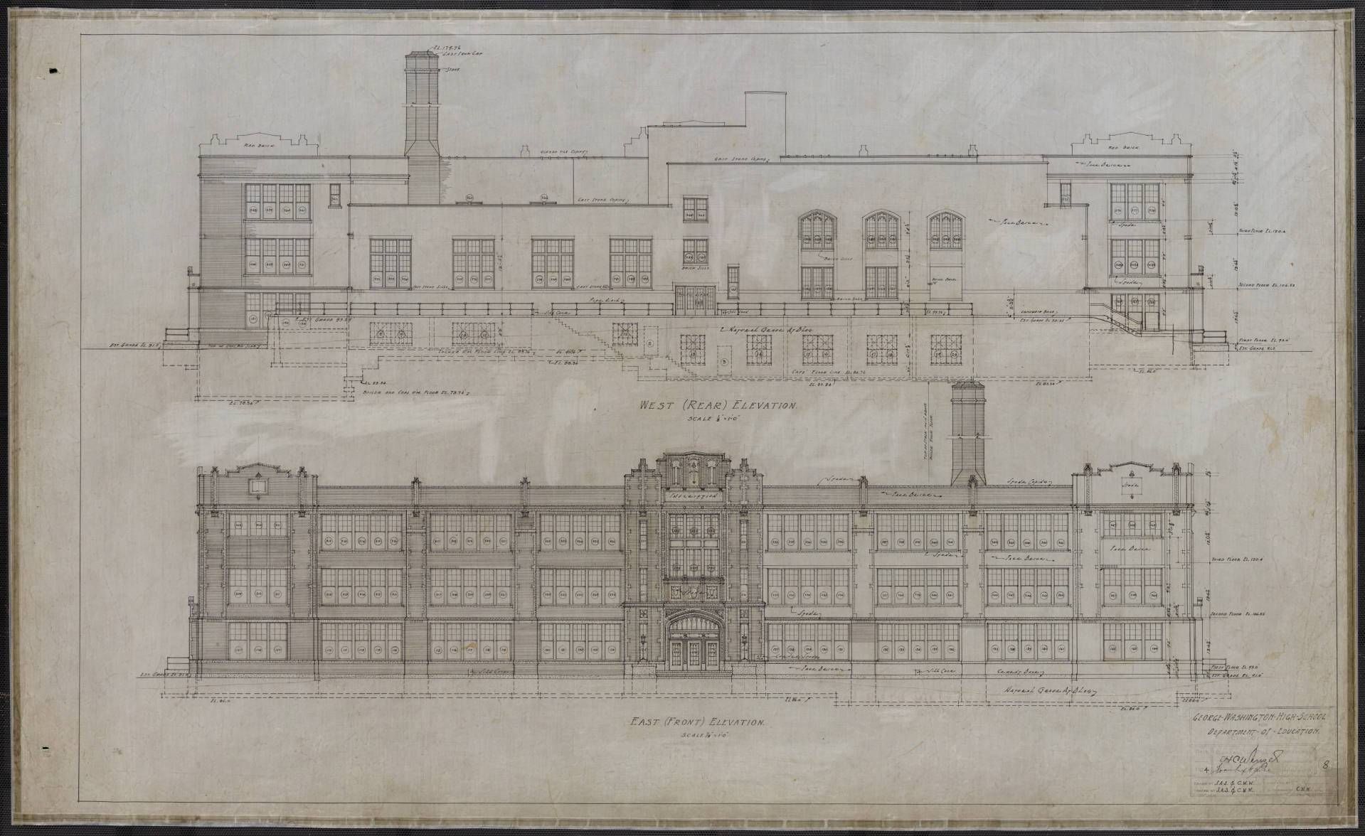 Architectural sketches of Washington High School in St. Paul, MN