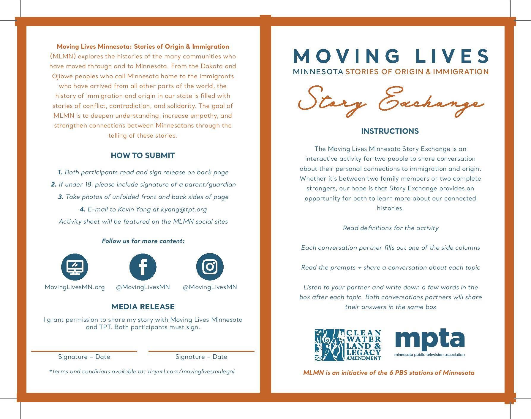 A pamphlet describing the Story Exchange project with instructions on how to submit
