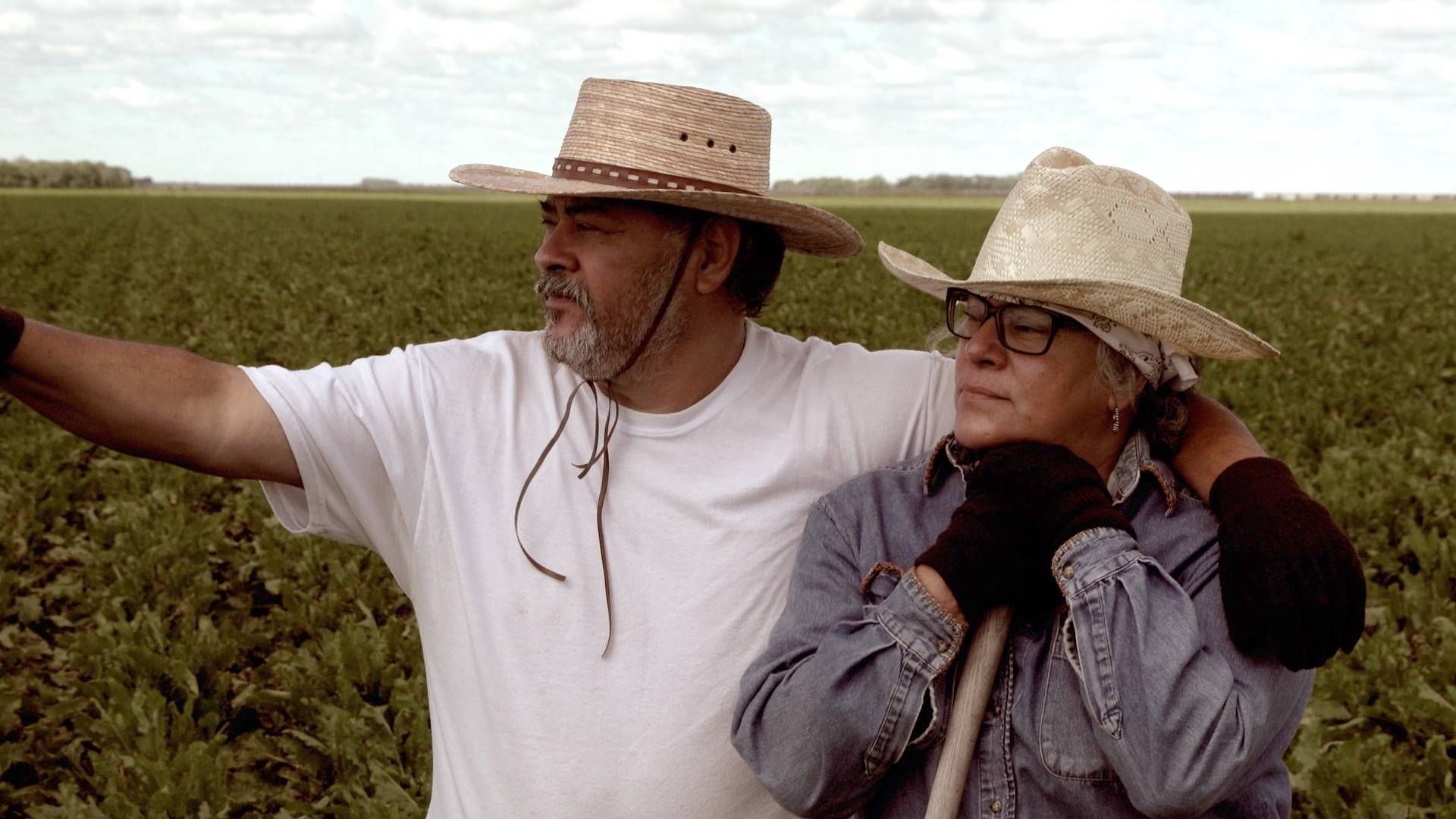 Two farmers standing in a field wearing cowboy hats