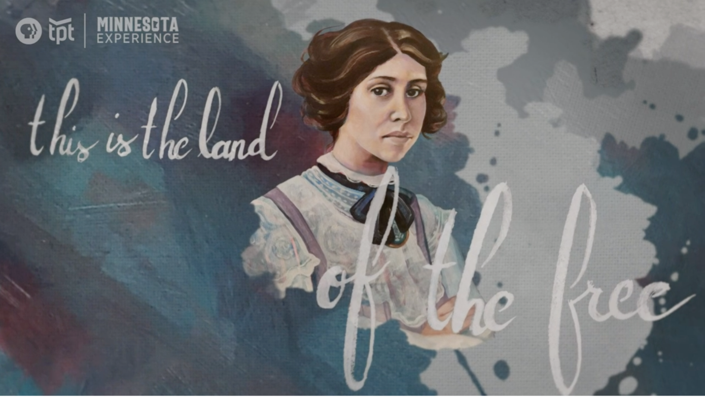 Painting of Nellie Francis by artist Leslie Barlow overlayed with script text "this is the land of the free" and water color paint textures