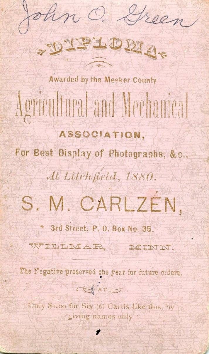 An award from the Meeker County Agricultural and Mechanical Association awarded to John Green for best Display of Photographs, 1880
