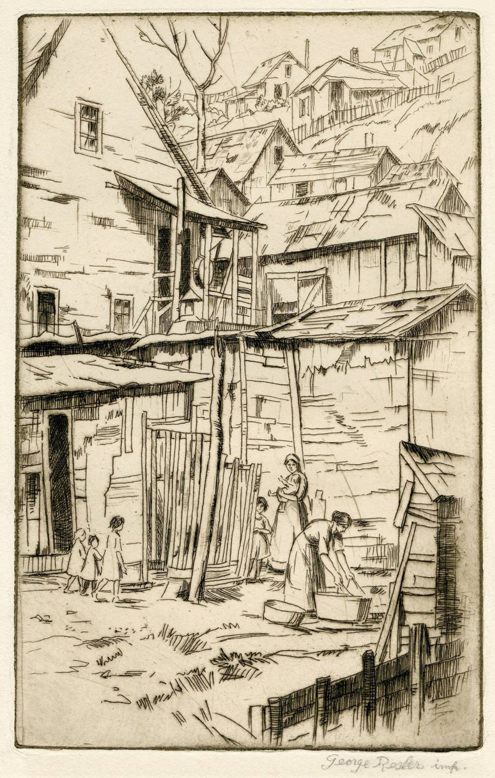 Sketch of houses in the valley of Swede Hollow. Women doing laundry outside, children helping.