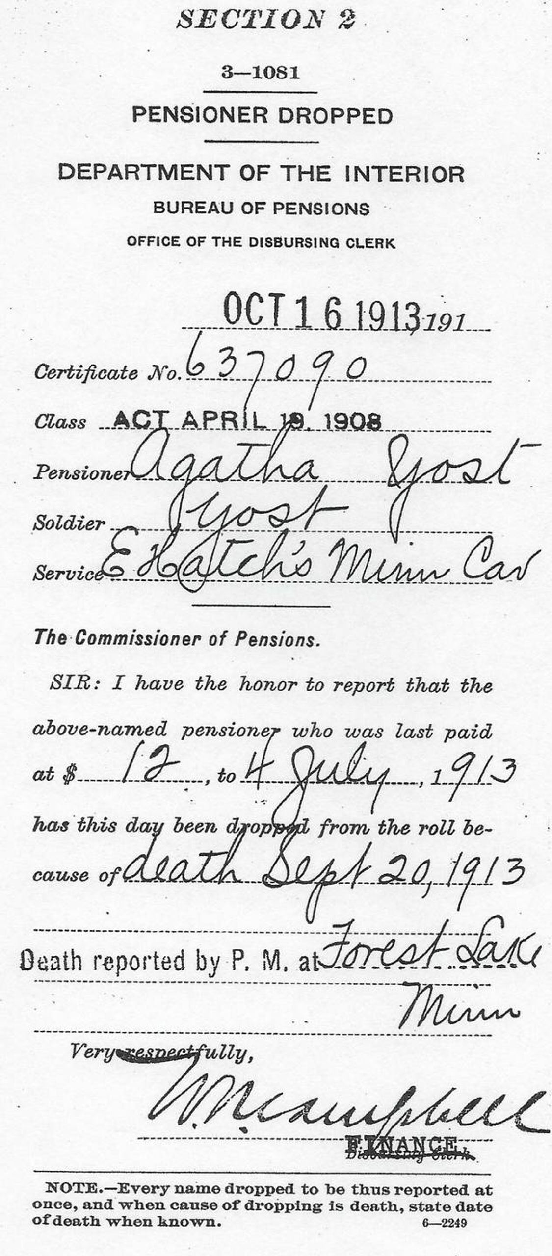 Paperwork describing loss of Agatha's pension