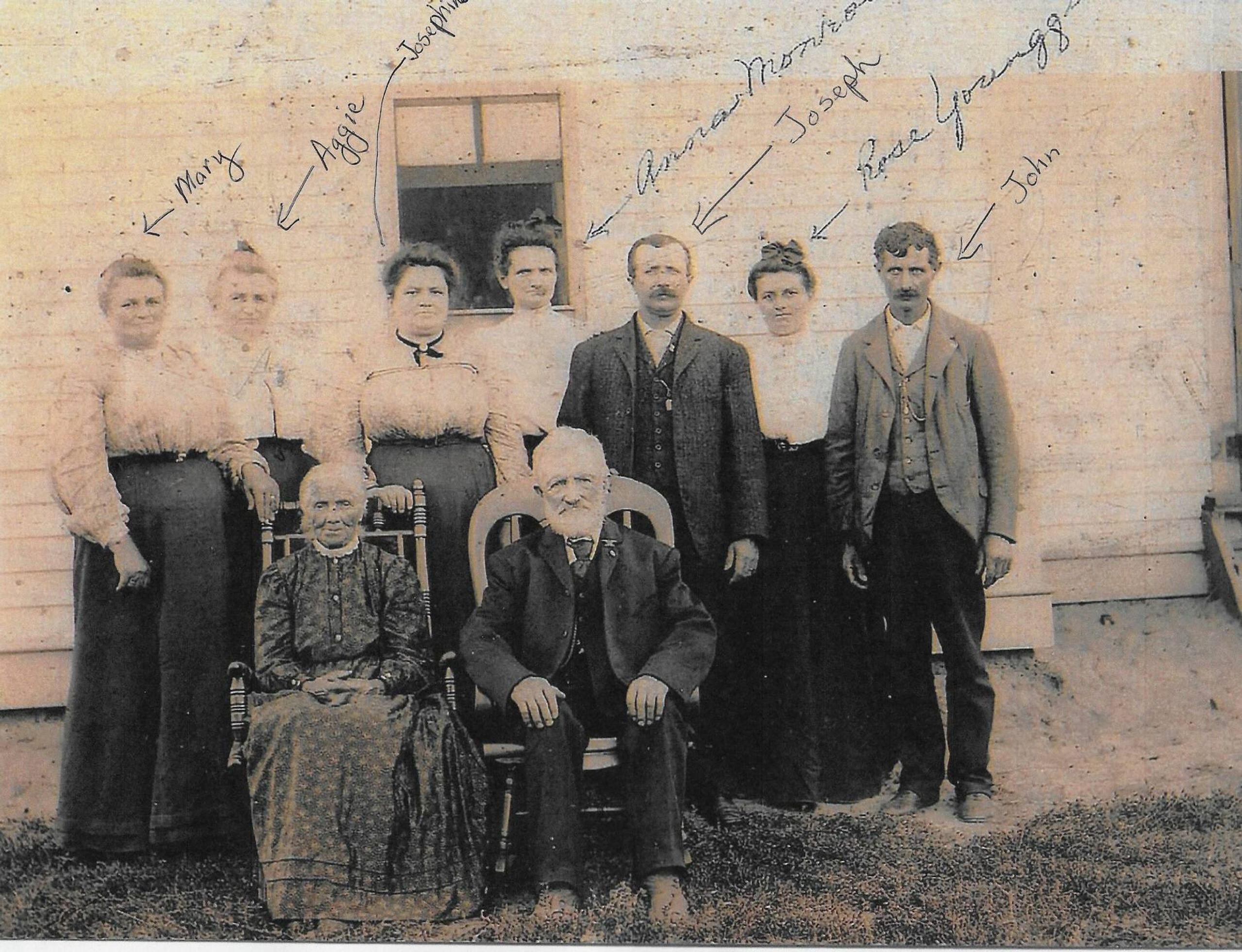 Family of nine posing in front of a building with a window