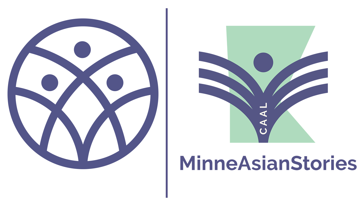 Two logos, one of a circle with three figures intersect, the other of MinneAsianStories