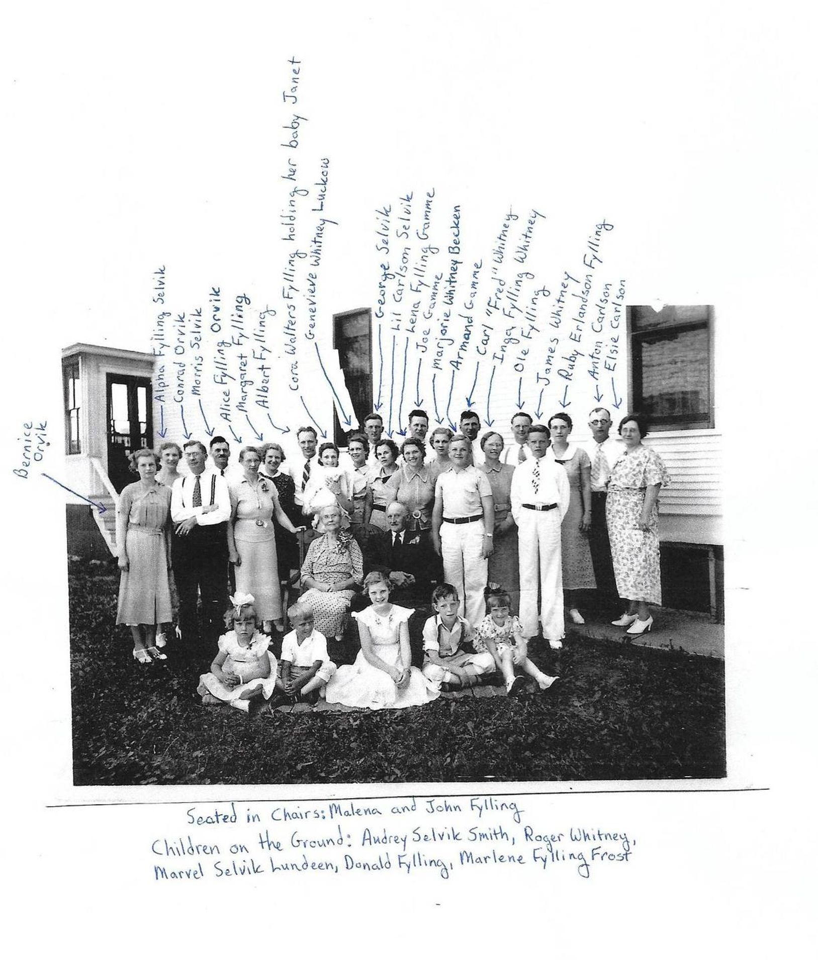 Large group of family members with names inscribed onto the photograph