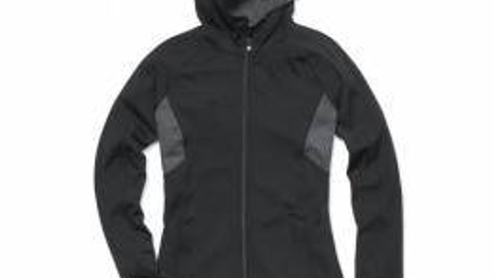 Joe Fresh stretchable, formfitting hooded zipper jacket with contrasting panels.