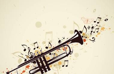 Illustrated trumpet with music icons