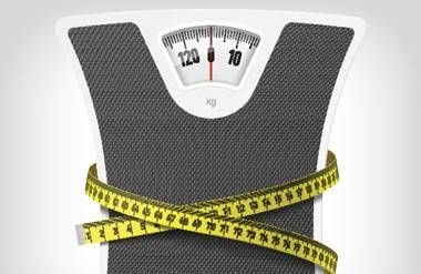 Illustration of measuring tape wrapped around bathroom scale