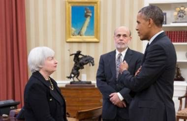 Janet Yellen, Ben Bernanke and President Barack Obama talking
