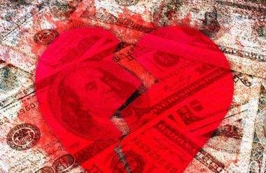 Pile of cash and broken heart illustration
