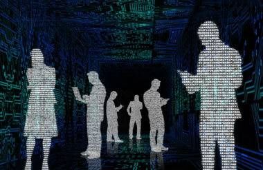 Illustration of people silhouettes in digital environment