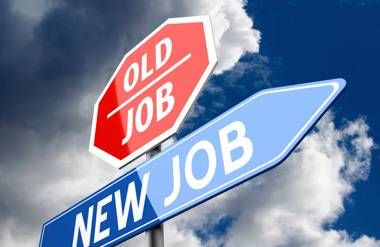 stop sign saying "old job" and directional sign saying "new job"