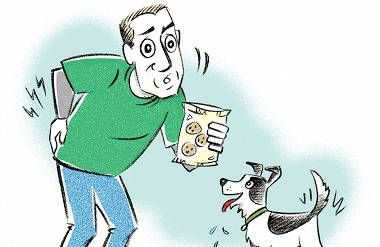 Illustration of Larry feeding his dog, Penny. Maybe you know a Larry.