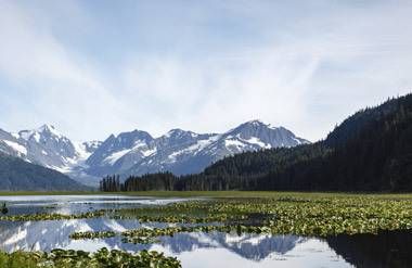 Bright reflection of snow capped mountains in pond Alaskan wilderness
