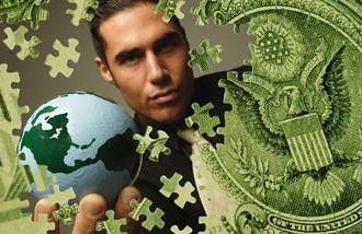 A man holds the world in his hand behind a dollar puzzle as in over-promising 