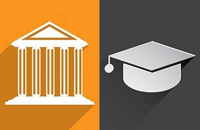 College icons building and graduation cap