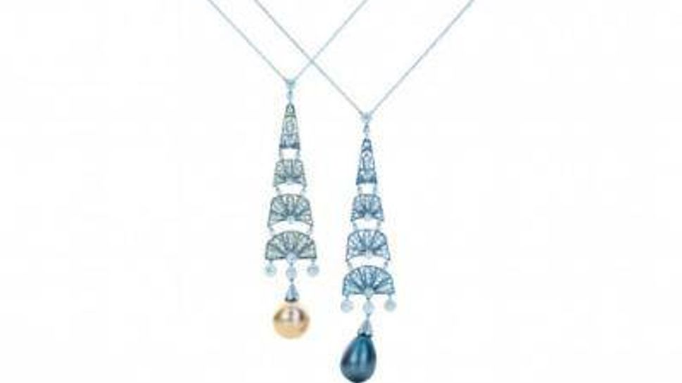 tiffany & co. art-deco style fan pendants with plique a jour enameling, platinum