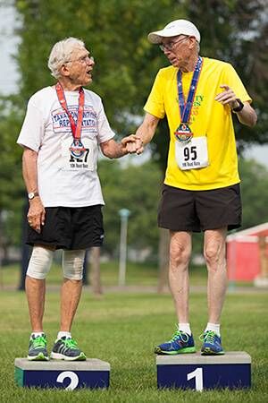 Kenneth Blanchard (right) and Tony Diamond (left) placed first and second place, respectively, in the male 85-89 division of the 10K road race held at the Minnesota State Fair Grounds in St. Paul on July 4, 2015.
