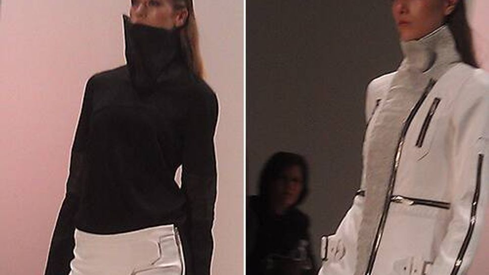 Karigam showed this exaggerated turtle neck, and chin-brushing jacket