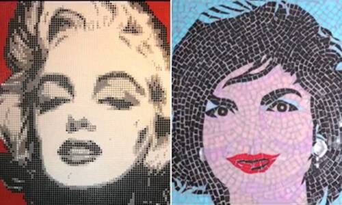 Neil Clark mosaics of Marilyn Monroe (left) and Jackie O (right).