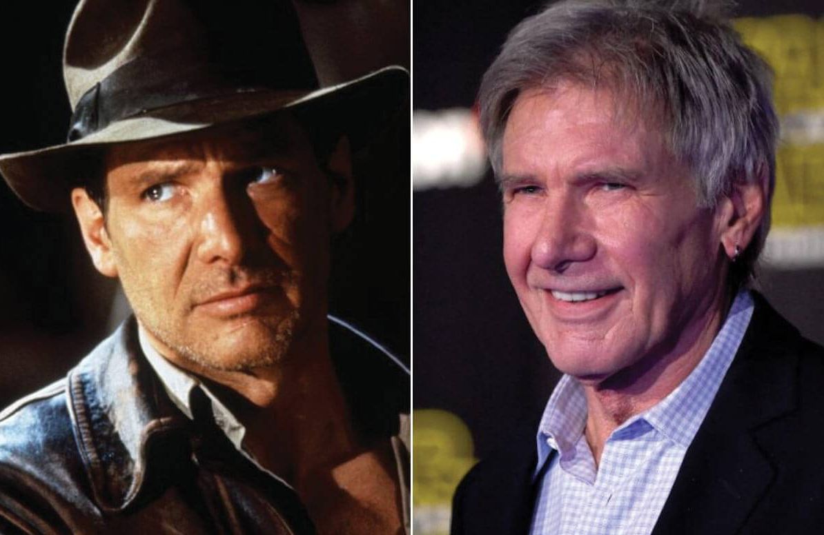 Harrison Ford in Indiana Jones (l) and Harrison Ford in December 2015.
