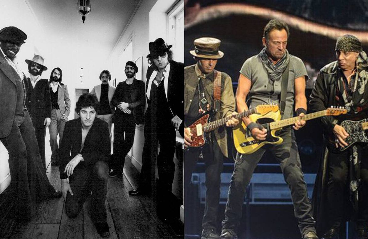 Bruce Springsteen and the E Street Band in 1977 (l) and performing on their 2016 tour (r).