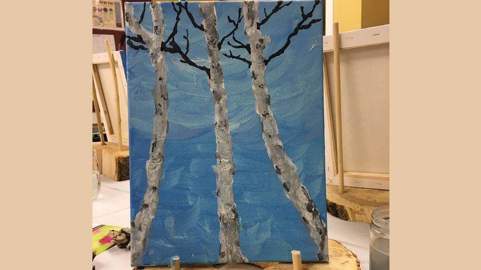 My finished work of art — a close-up of birch trees that I painted with the guidance of Leah Dittberner, the naturalist fellow who led the class at the nature center.