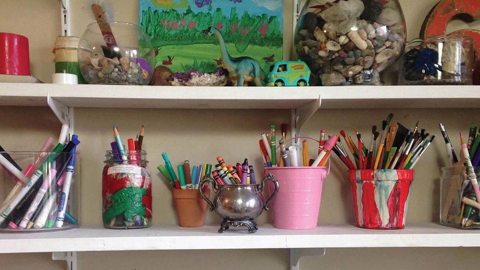 After taking a painting class, I decided to turn my dining room into a "mini makerspace" to spur creativity — the shelves are now stocked with items like paintbrushes and glue sticks.