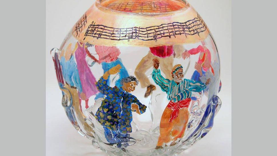 "Time to Dance," painting on glass, by Lucy Rose Fischer.