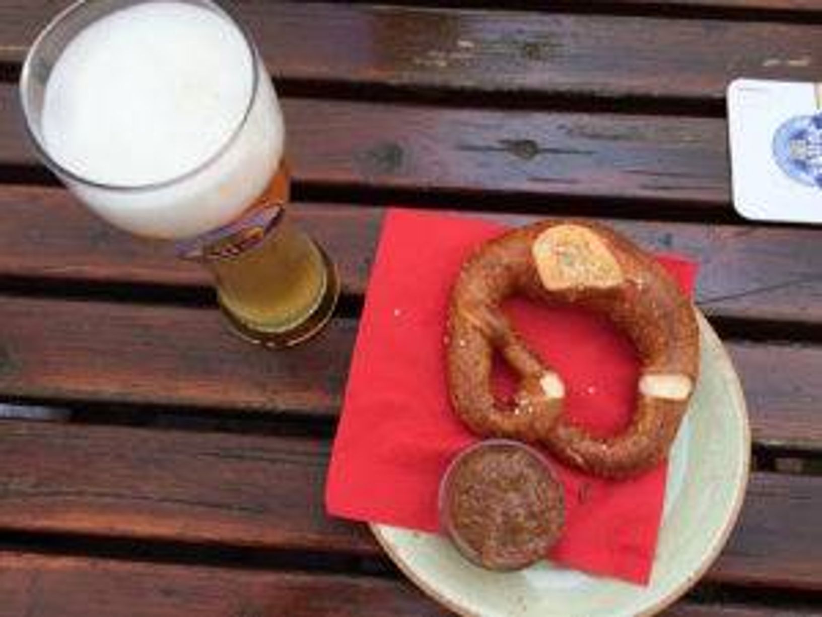 Beer and a pretzel enjoyed on a shore excursion in Miltenberg, Germany