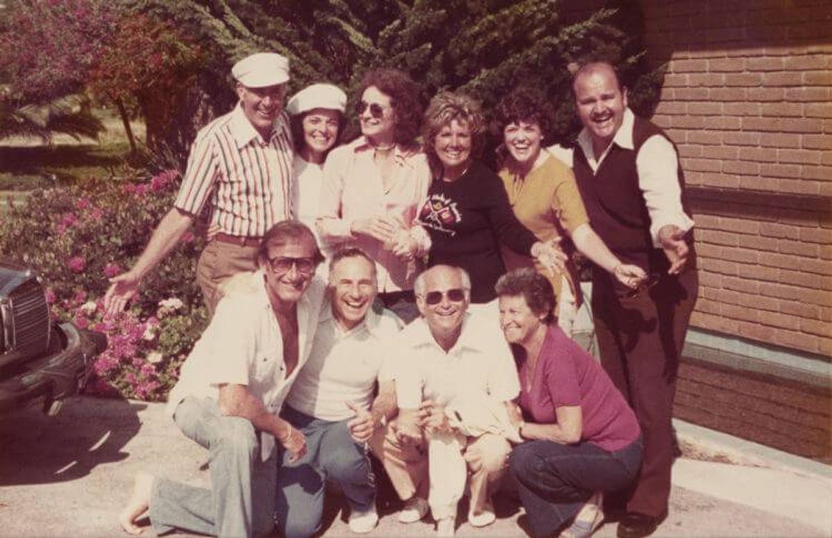 Back, top row, l to r: Carl Reiner, Anne Bancroft, Frances Lear, Pat Gelbart, Carol DeLuise and Dom DeLuise Bottom row, l to r: Larry Gelbart, Mel Brooks, Norman Lear and Estelle Reiner