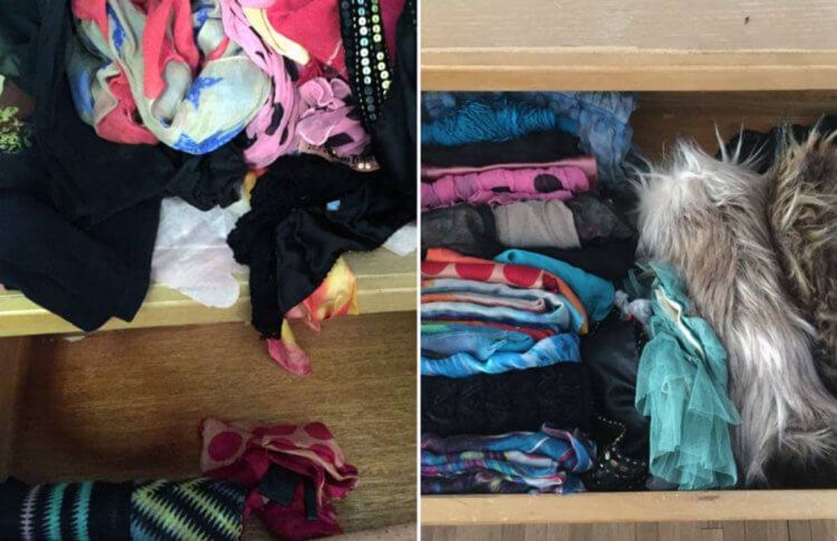 Tidying guru Marie Kondo suggests gathering up everything in one category and sorting it all at once. You touch each item and discard anything that doesn't spark joy while expressing appreciation for serving it's purpose. She also insists on vertical storage. Following her advice transformed my scarf situation.