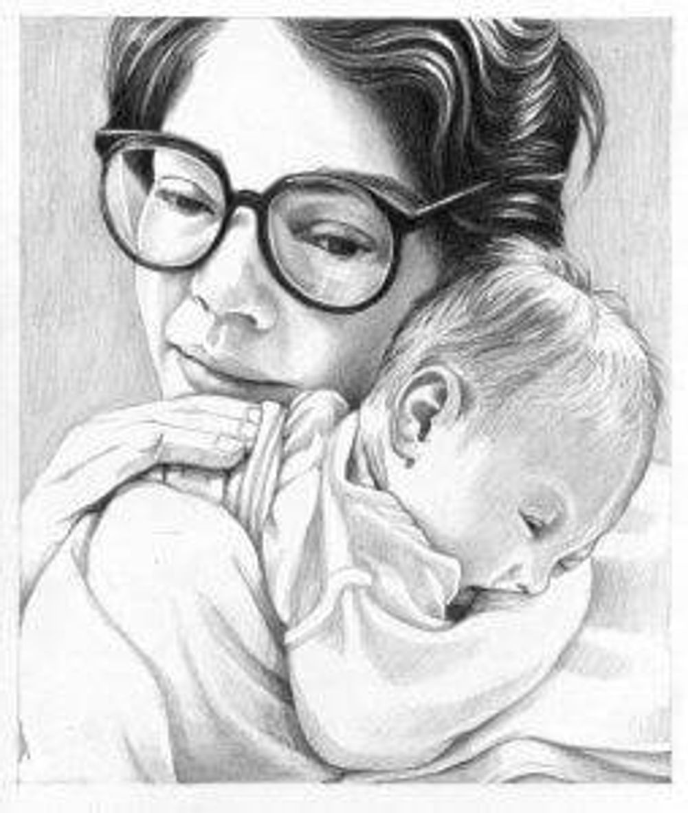 an illustration in black and white of a person with glasses holding a baby carefully on their shoulder while it sleeps.