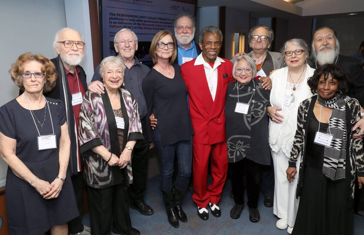 Actors including Len Cariou and 2019 Tony Award nominee Andre DeShields (in red) gather with guests and organization members at the PAL launch event. Joan Jeffri, director of The Actors Fund Research Center for Arts and Culture is at far left.