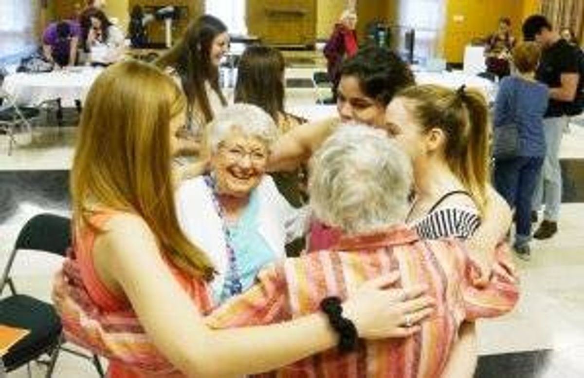 The Longevity Games (End Celebration): Elders and their student collaborators from the Science of Aging course at St. John Fisher College say their good byes, swap contact info and share a big group hug to mark the end of a great semester of learning, growth and companionship.