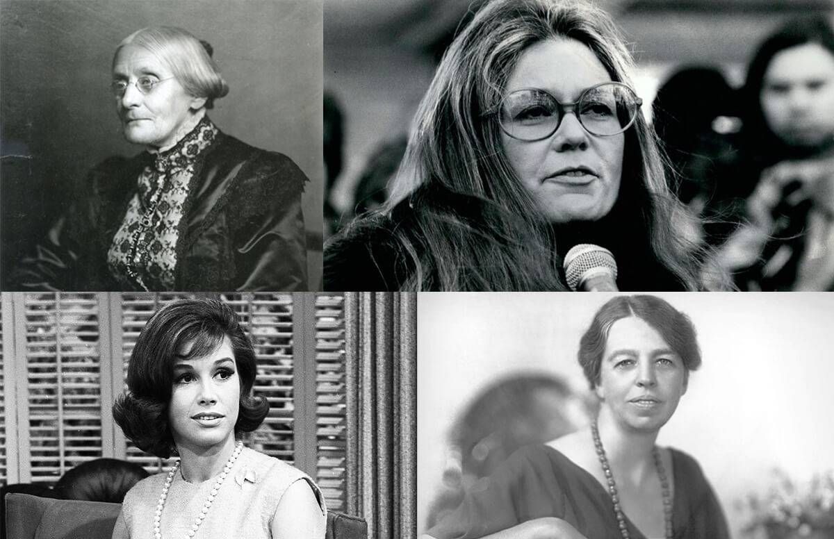 collage of susan b. anthony, gloria steinman, mary tyler moore, and eleanor roosevelt