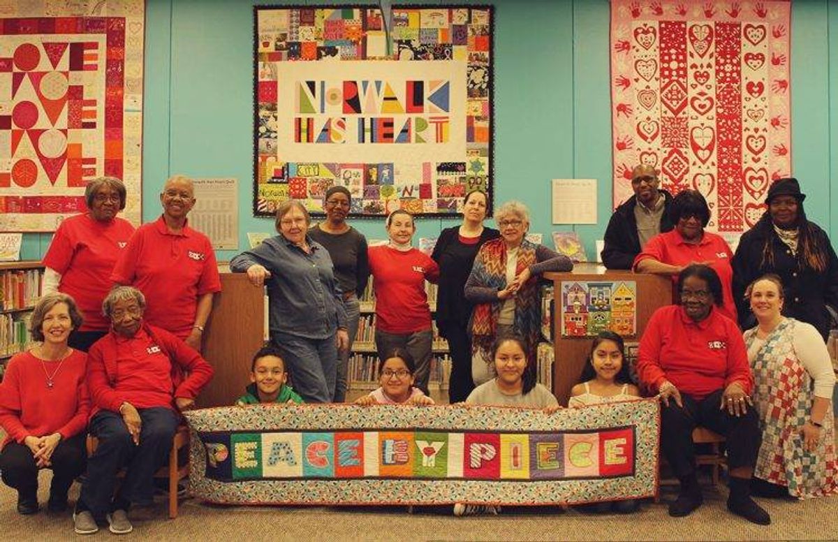 Peace by Piece group portrait at the Norwalk Public Library