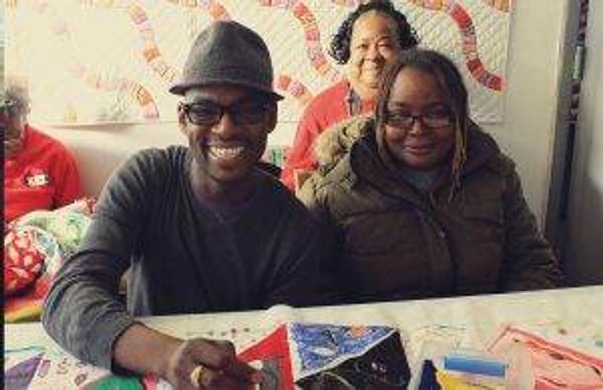 Community Quilting Bee during the Bridgeport Art Trail in 2017. Left to right; Khalaf Jerry, Joyce Trusty, Sandra Naraborn