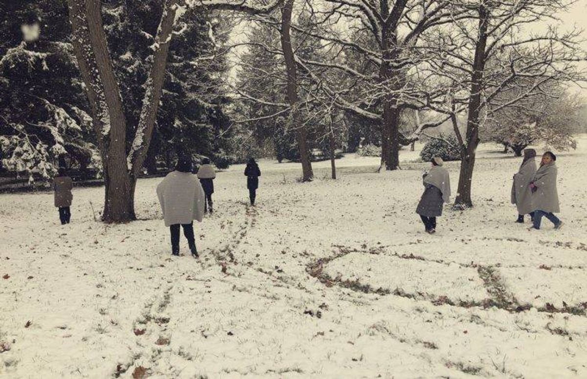 People taking a high in the forest during winter, with snow on the ground