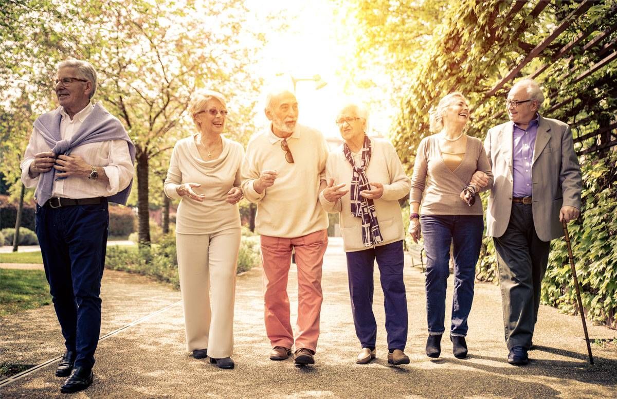 Older adults walking together in the sun