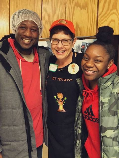 Volunteers with Sweet Potato Comfort Pie baking pies at Calvary Lutheran Church in Golden Valley. From left, Toki Wright, Kate Towle and Nesani Sabal