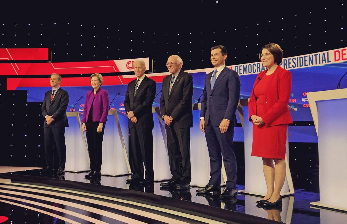 candidates take the stage during the January 14, 2020 Democratic Debate