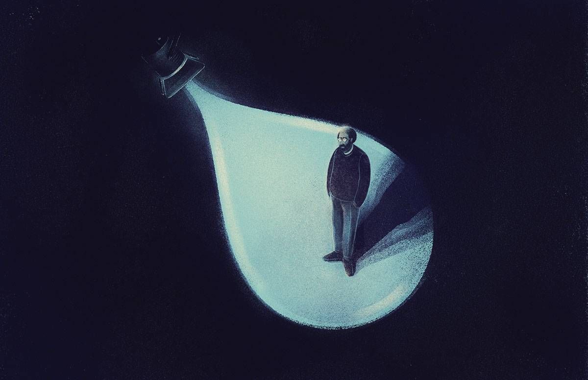 an illustration of a man standing in darkness