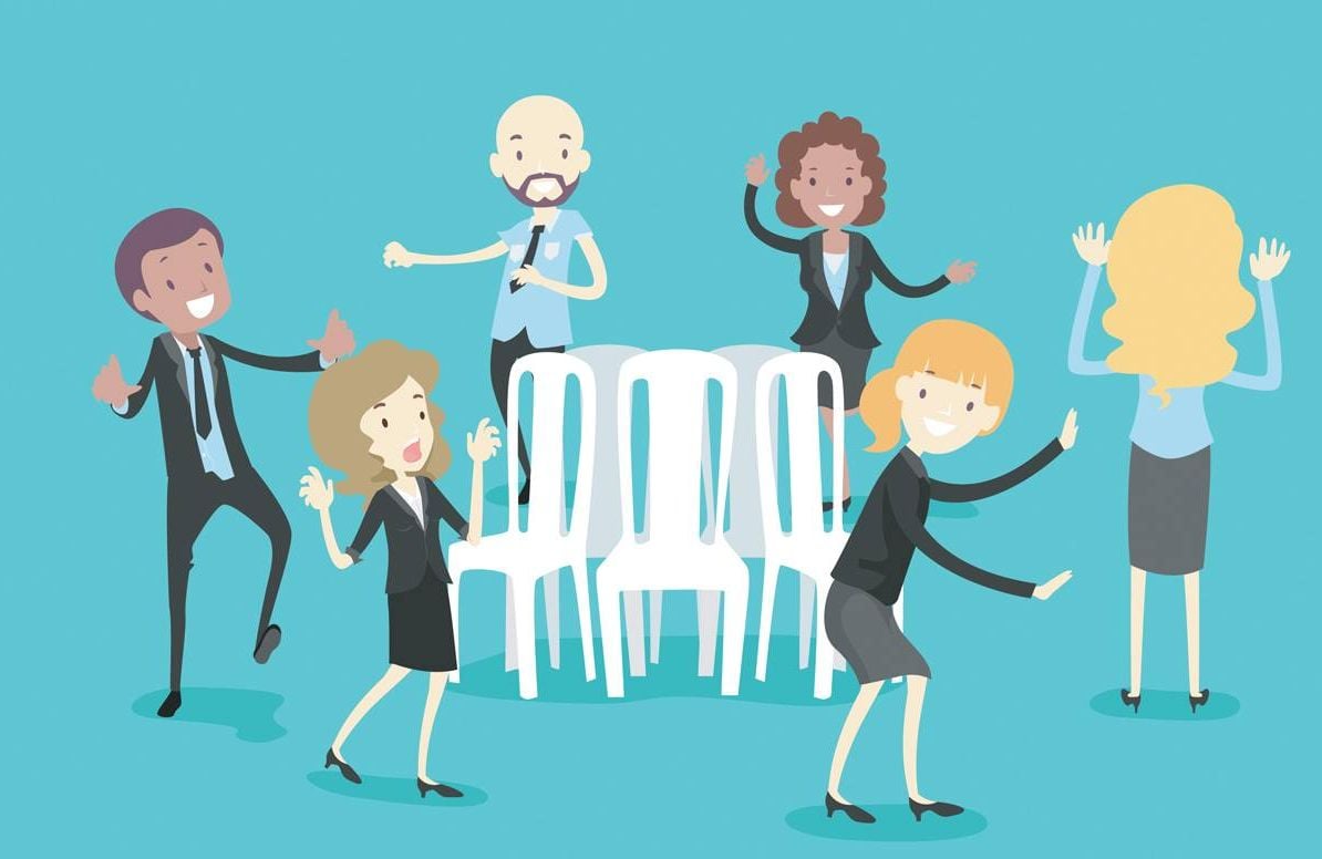 illustration of adults playing musical chairs
