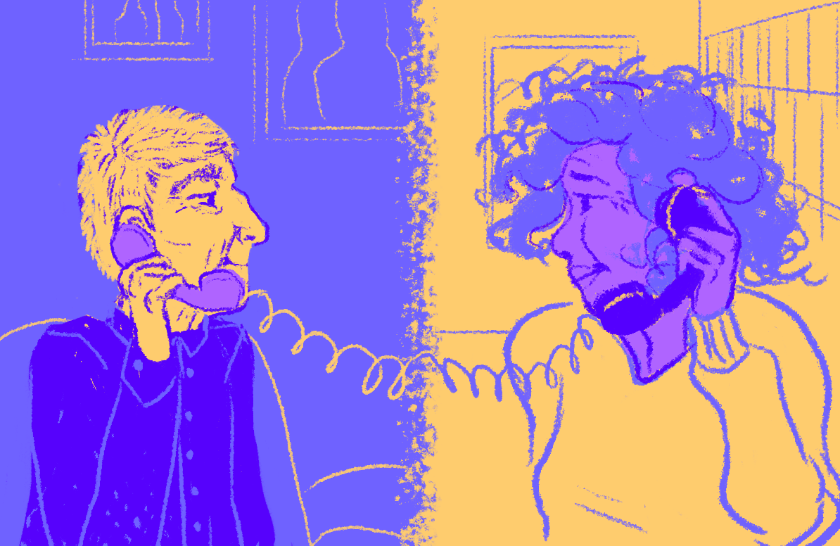 an illustration of two people speaking on the phone
