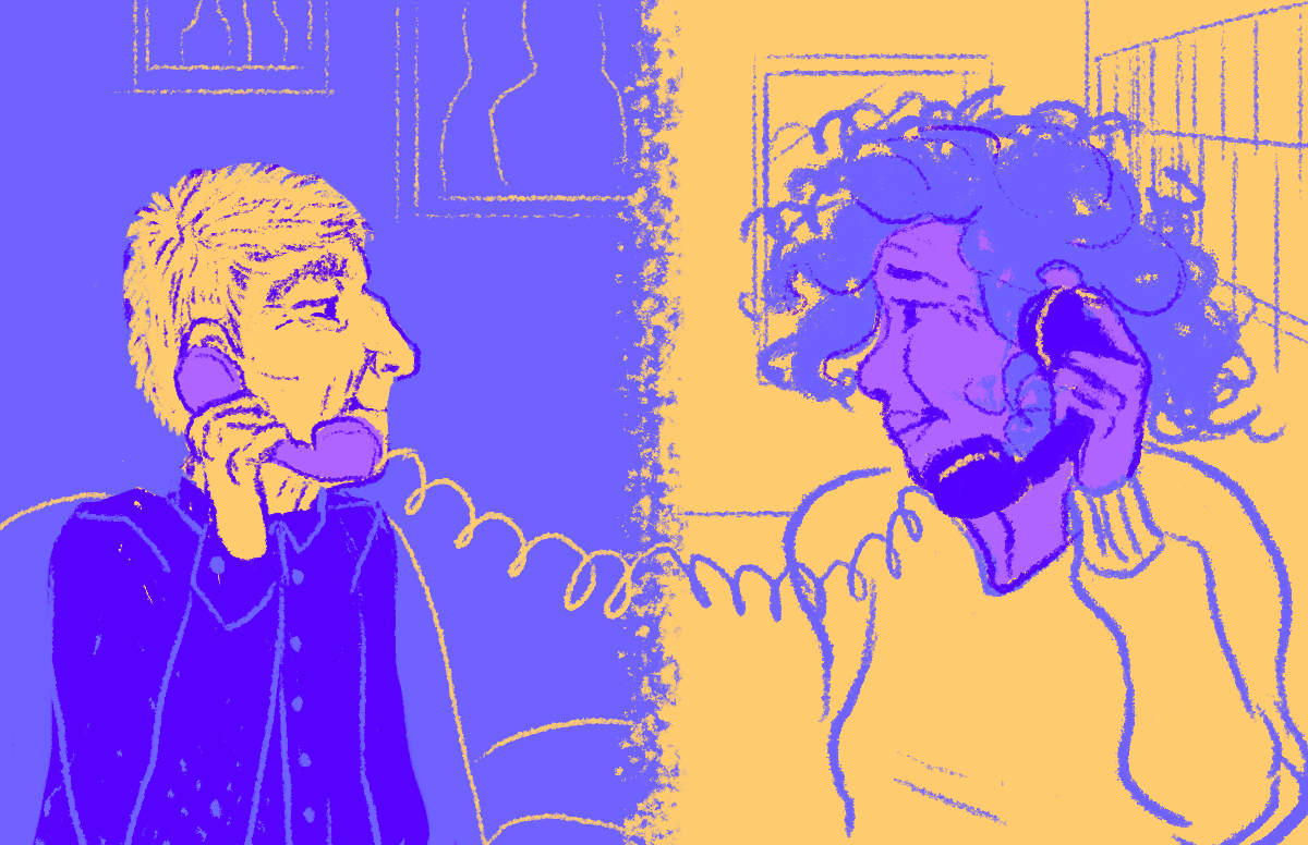 an illustration of two people speaking on the phone