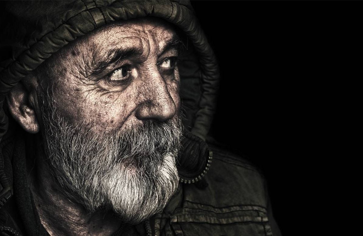 Portrait of a homeless man.