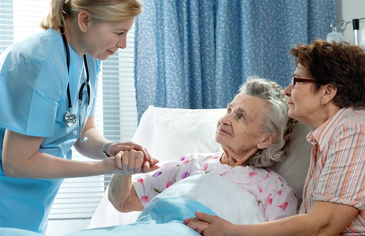 Older adult patient with daughter and doctor